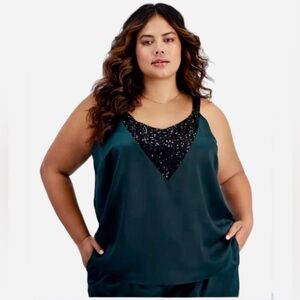 Bar III Sequined Trim Satin Top Camisole Lined Green Holiday Women’s Size 1X